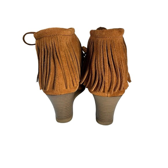MINNETONKA Brown Suede Fringe Moccasin Wedge Heel Ankle Boots 84022 Size 8.5 - Picture 13 of 16